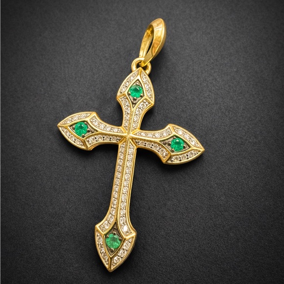 David Yurman Jewelry - David Yurman Gold Cross Pendant with Green Stones and Pavé Diamonds